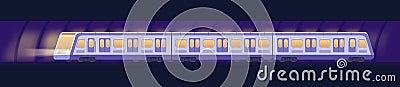 Passanger modern electric high-speed train. Railway subway or metro transport in tunnel. Underground train Vector Vector Illustration