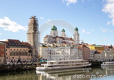 Passau, Bavaria, Germany - 04.11.2019 Passau with the cathedral and a ship of the Danube navigation Editorial Stock Photo