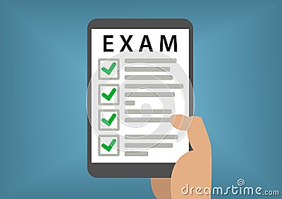 Passed online exam and test concept with hand holding smart phone Vector Illustration