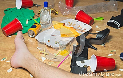 Passed out on messy floor after party Stock Photo