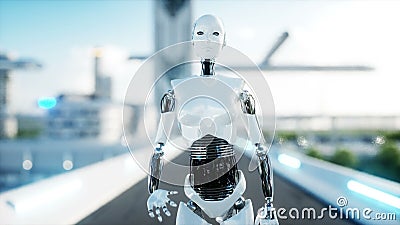 Passeio fêmea do robô Cidade futurista, cidade Povos e robôs Animação 4K realística Passeio fêmea do robô Cidade futurista, cidade Povos e robôs Animação 4K realística
