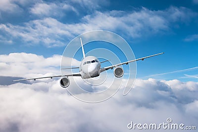 Passenger airplane climb altitude and low flying overcast Stock Photo