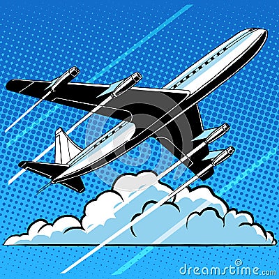 Passenger airplane in the clouds retro background Vector Illustration