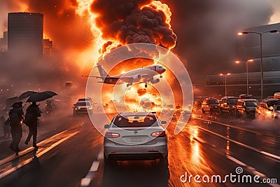 passenger airplane fall, burn in the sky, explosion in the airport, crowd escape Stock Photo