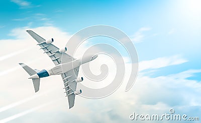 Passenger airplane flying in blue cloudy sky. Stock Photo