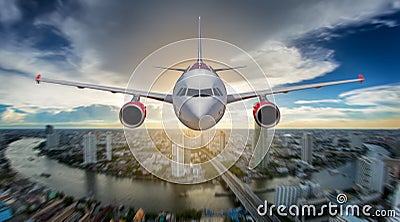 Passenger airplane landing on runway in airport Stock Photo