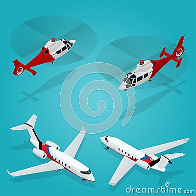 Passenger Airplane. Private jet. Passenger Helicopter. Isometric Transportation. Aircraft Vehicle. Air Transportation Vector Illustration