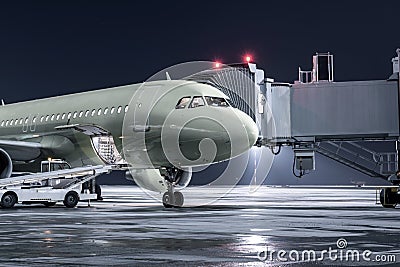 The passenger aircraft stands at the jetway on an airport night apron. The baggage compartment of the airplane is open and the Stock Photo