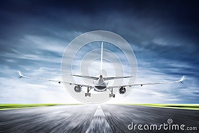 Passenger airplane taking off on runway Cartoon Illustration