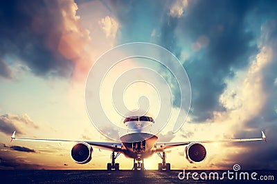 Passenger airplane taking off on runway at sunset Cartoon Illustration