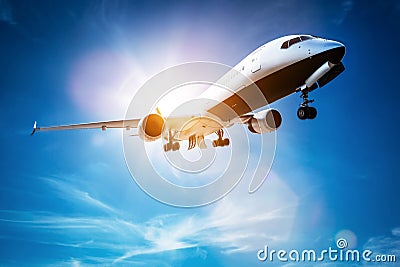 Passenger airplane taking off, sunny blue sky. Cartoon Illustration