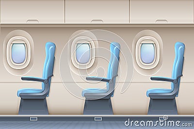 Passenger airplane vector interior. Aircraft indoor with comfortable chairs and portholes Vector Illustration