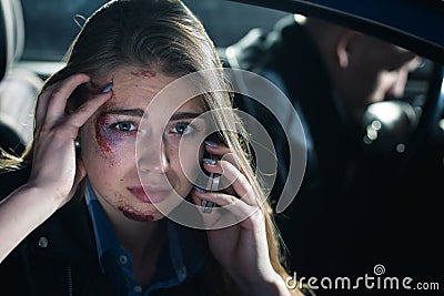 Passenger calling for a help after a car crash Stock Photo