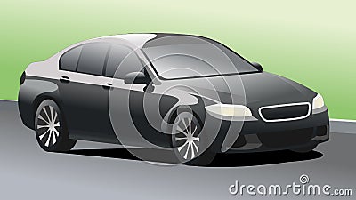 Passenger car on the background of asphalt, curb and lawn, three quarters view Cartoon Illustration
