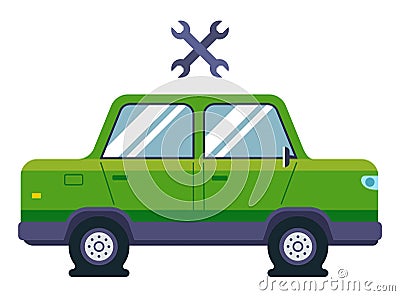 a passenger car has flat tires. need the help of an auto mechanic. Vector Illustration