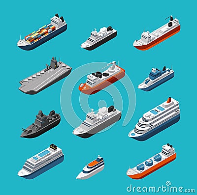 Passenger and cargo ships, sailing boats, yachts and vessels isometric vector transportation icons isolated Vector Illustration
