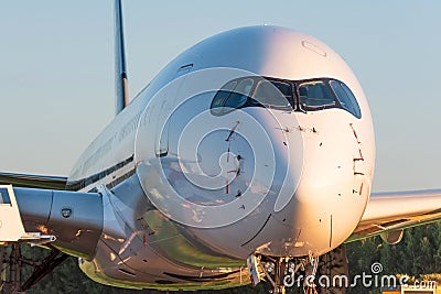 Passenger commercial aircraft, view of the cockpit. Flight service after arriving at the airport Stock Photo