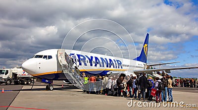 Passenger compartment of the aircraft company Ryanair Editorial Stock Photo