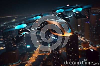 passenger copter flies over the night city. concept of transport of the future. Generative AI Stock Photo