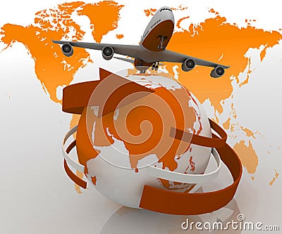 Passenger jet airplane travels around the world Stock Photo