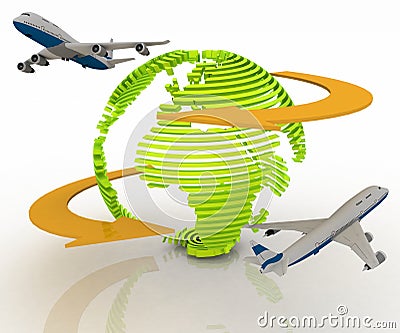 Passenger jet airplanes travels around the world Cartoon Illustration