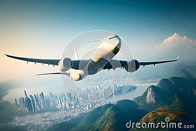 Passenger jet plane took off from a large metropolis flies over the mountains. Generative AI technology Stock Photo