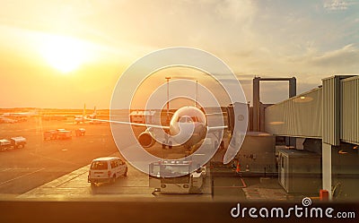 Passenger plane in the airport at sunrise. Editorial Stock Photo