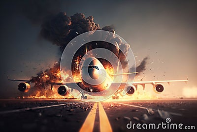 Passenger plane on fire on the runway, illustration AI Cartoon Illustration