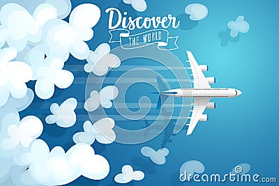 Passenger plane flying above clouds, travel poster. Vector Illustration