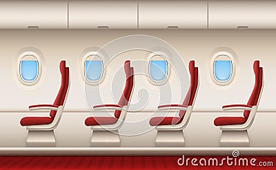 Passenger plane interior. Aircraft cabin with white closeup windows portholes plane inside comfort chairs vector Vector Illustration
