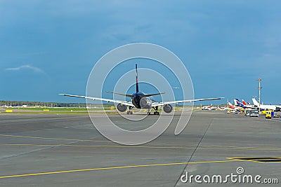 Passenger plane preparing to take off at the runway, Sheremetyevo International Airport Stock Photo