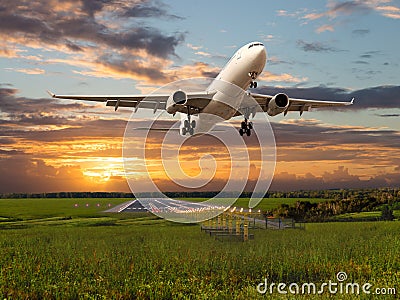 Passenger plane takes off from the airport runway. Stock Photo