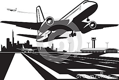 Passenger plane takes off from runway at city airport Vector Illustration