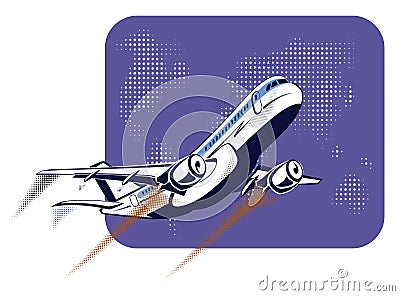 Passenger plane taking off on the background of abstract world map in retro pop art style. The concept of travel and Vector Illustration