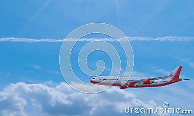 Passenger plane White red stripes flying in the sky on a bright blue day, white clouds in the daytime. To view, see the top of the Stock Photo