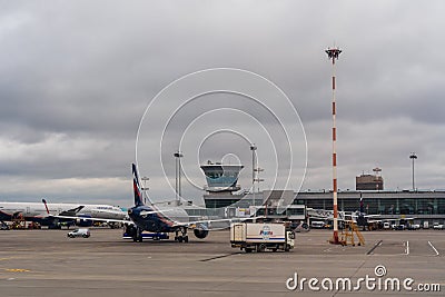 Passenger planes on the parking at the Moscow Sheremetyevo Airport Editorial Stock Photo