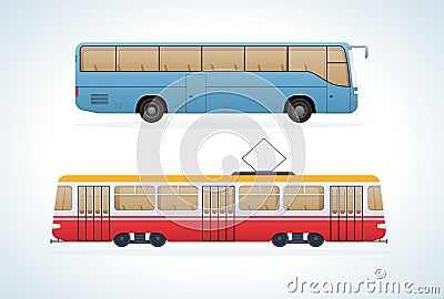 Passenger public modern urban transport: municipal tramand intercity bus. Vector Illustration