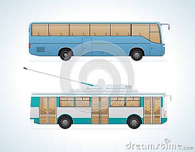 Passenger public urban transport: municipal trolley bus and intercity bus. Vector Illustration