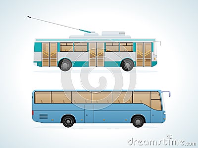 Passenger public urban transport: municipal trolley bus and intercity bus. Vector Illustration