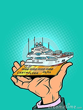 passenger ship private yacht, sea travel and fishing, credit or debit bank card Vector Illustration