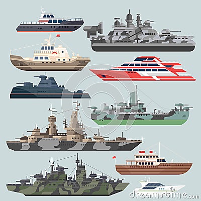 Passenger ships and battleships. Submarine destroyer in the sea. Water boats vector illustrations in flat style Vector Illustration