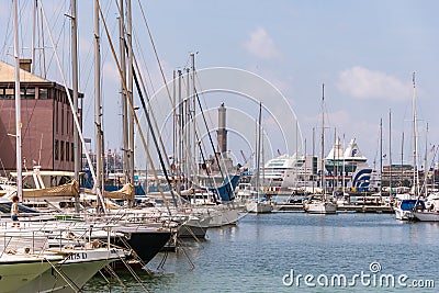 Passenger ships, ferries and yachts in the port - Porto Antico in Genoa, Liguria, Italy, Europa. Editorial Stock Photo