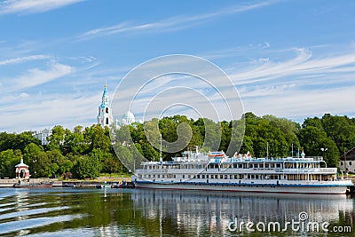 Passenger tourist ship standing at the pier on island of Valaam Stock Photo