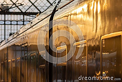 Passenger train in a covered station terminal Stock Photo