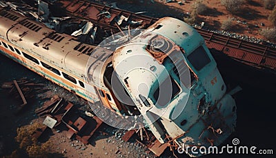 Passenger train crash accident, aerial view. Broken wagons and damaged locomotive Ai, generative Stock Photo