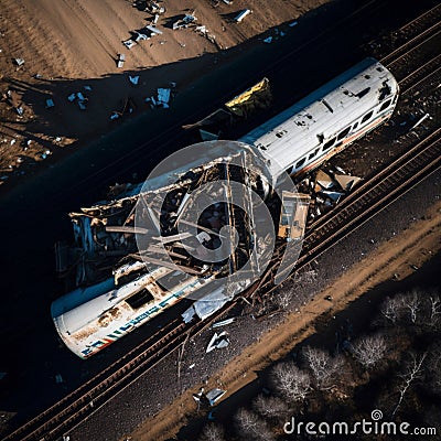 Passenger train crash accident, aerial view. Broken wagons and damaged locomotive Ai, generative Stock Photo