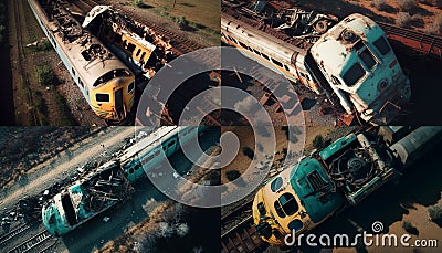 Passenger train crash accident, aerial view. Broken wagons and damaged locomotive Ai, generative Stock Photo