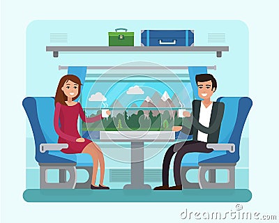 Passenger train inside. Man and woman seat in railway transport. Vector Illustration