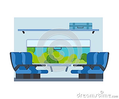 Passenger train inside. Seat in railway transport. Travel by train. Vector Illustration