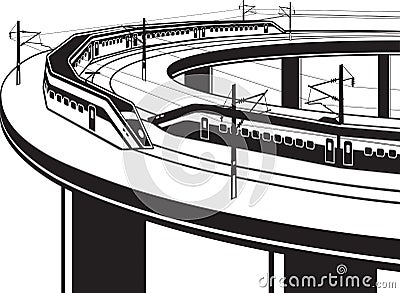 Passenger trains cross the bridge Vector Illustration